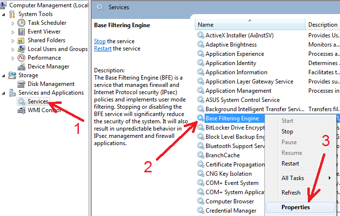 Open properties of 'Base Filtering Engine' service