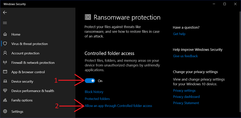 Enable controlled folder access
