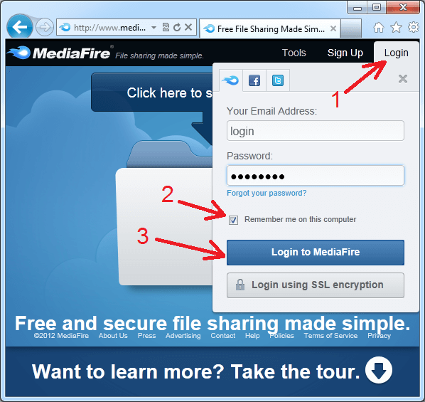 Login on MediaFire site